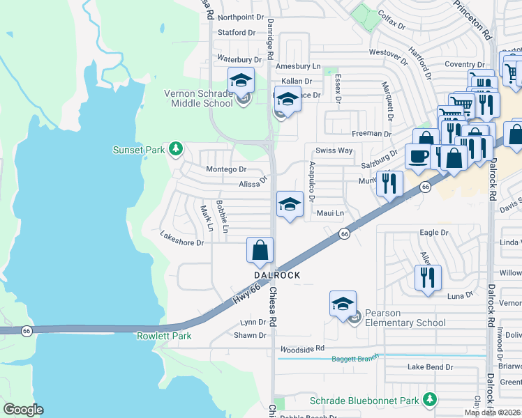 map of restaurants, bars, coffee shops, grocery stores, and more near 7218 Harvest Hill Drive in Rowlett