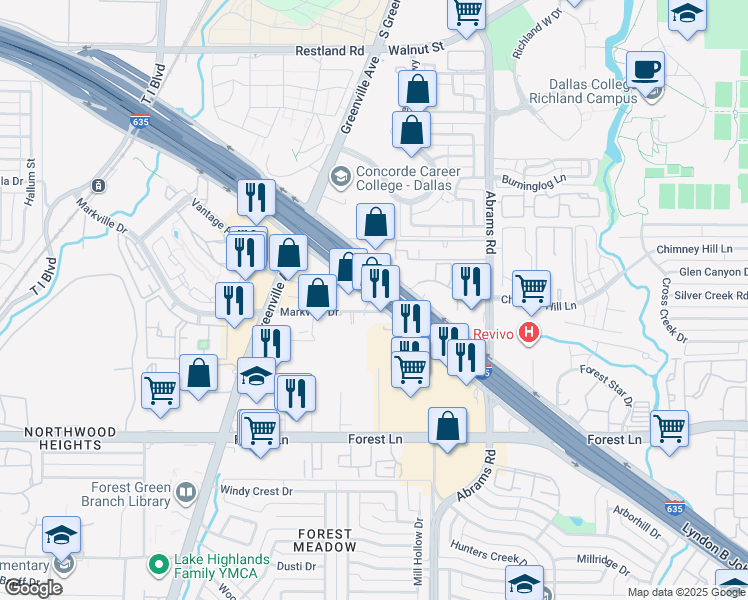 map of restaurants, bars, coffee shops, grocery stores, and more near 9292 Interstate 635 Service Road in Dallas