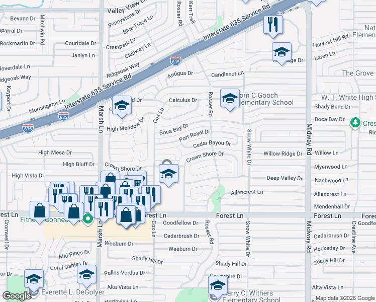 map of restaurants, bars, coffee shops, grocery stores, and more near 3916 Cedar Bayou Drive in Dallas