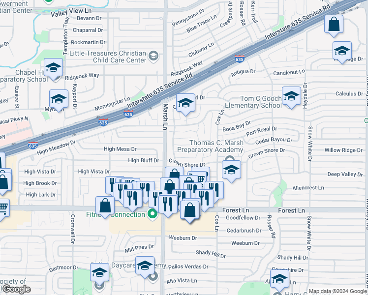 map of restaurants, bars, coffee shops, grocery stores, and more near 3706 Truesdell Place in Dallas