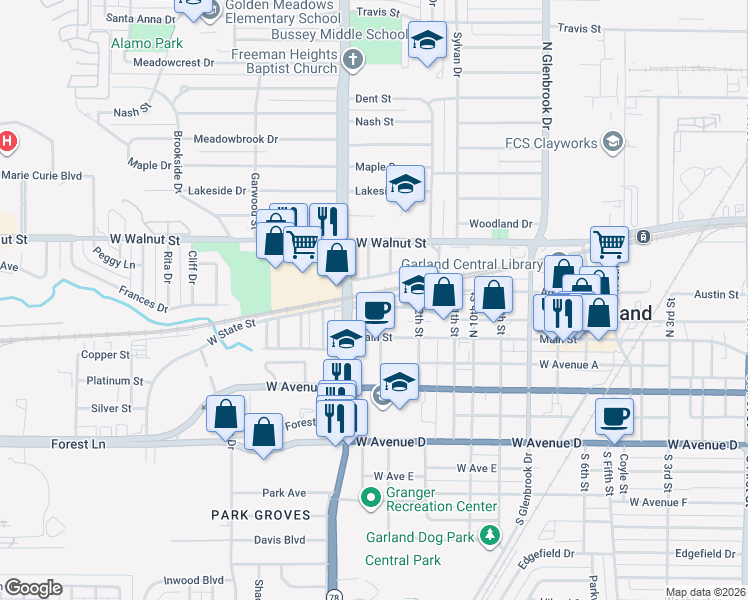 map of restaurants, bars, coffee shops, grocery stores, and more near 1250 West State Street in Garland