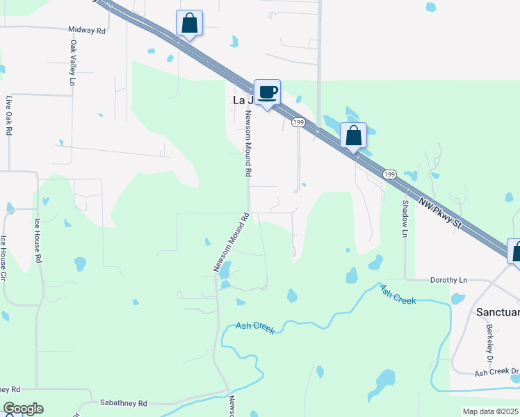 map of restaurants, bars, coffee shops, grocery stores, and more near 109 Beck Lane in Springtown