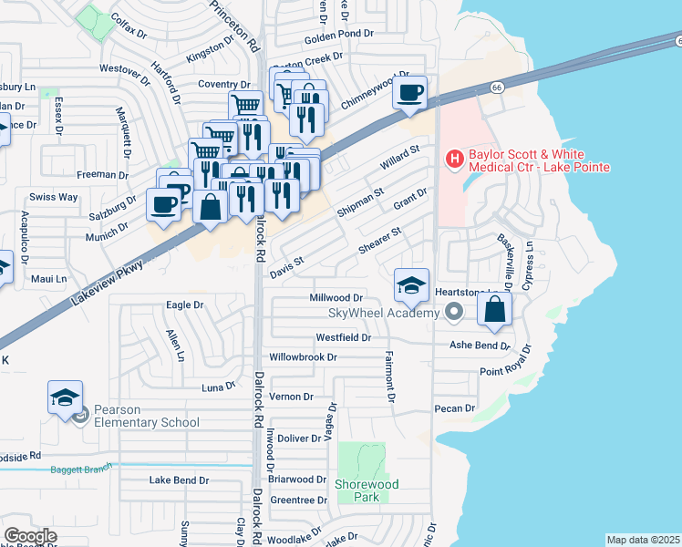 map of restaurants, bars, coffee shops, grocery stores, and more near 9010 Shearer Street in Rowlett