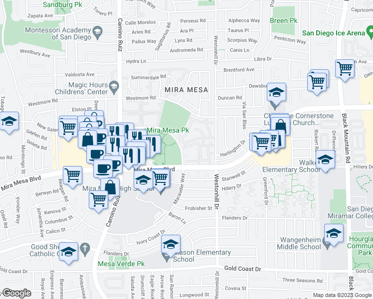 map of restaurants, bars, coffee shops, grocery stores, and more near 8650 New Salem Street in San Diego