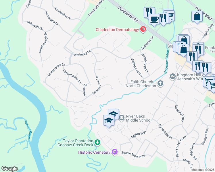 map of restaurants, bars, coffee shops, grocery stores, and more near 5412 Langston Park in North Charleston