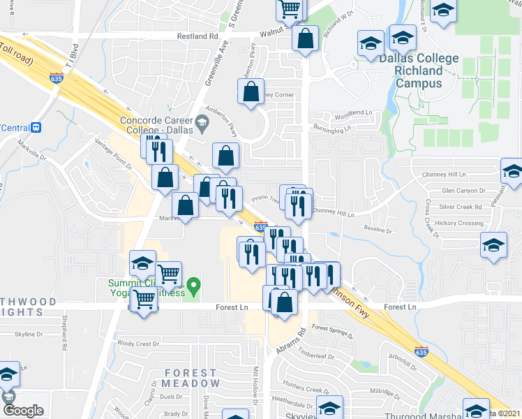 map of restaurants, bars, coffee shops, grocery stores, and more near 9309 Lyndon B Johnson Fwy in Dallas