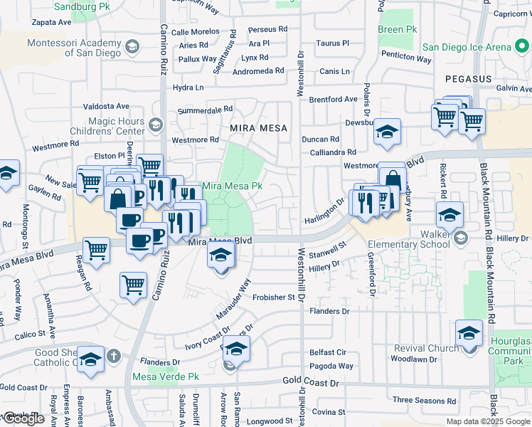 map of restaurants, bars, coffee shops, grocery stores, and more near 8654 New Salem Street in San Diego