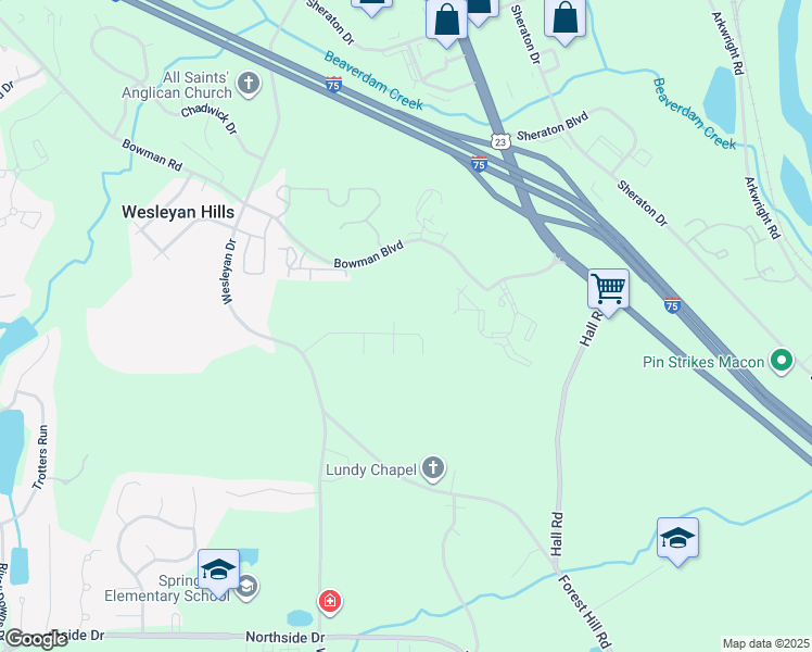 map of restaurants, bars, coffee shops, grocery stores, and more near 1064 Brookford Road in Macon