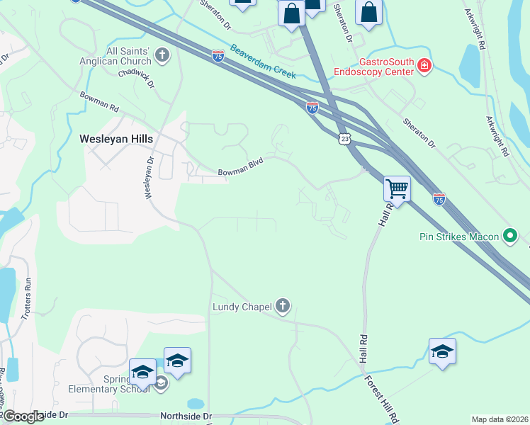 map of restaurants, bars, coffee shops, grocery stores, and more near 1064 Brookford Road in Macon