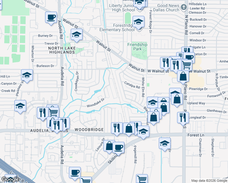 map of restaurants, bars, coffee shops, grocery stores, and more near 10207 Shadow Way in Dallas