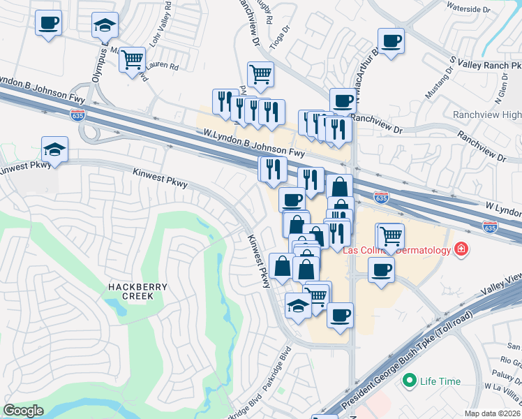 map of restaurants, bars, coffee shops, grocery stores, and more near 1424 Chase Lane in Irving