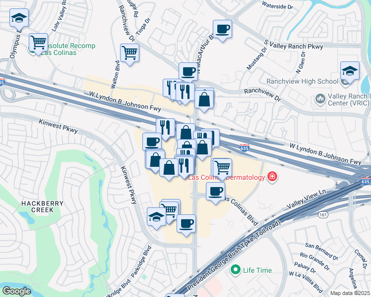 map of restaurants, bars, coffee shops, grocery stores, and more near 841 Macarthur Park in Irving
