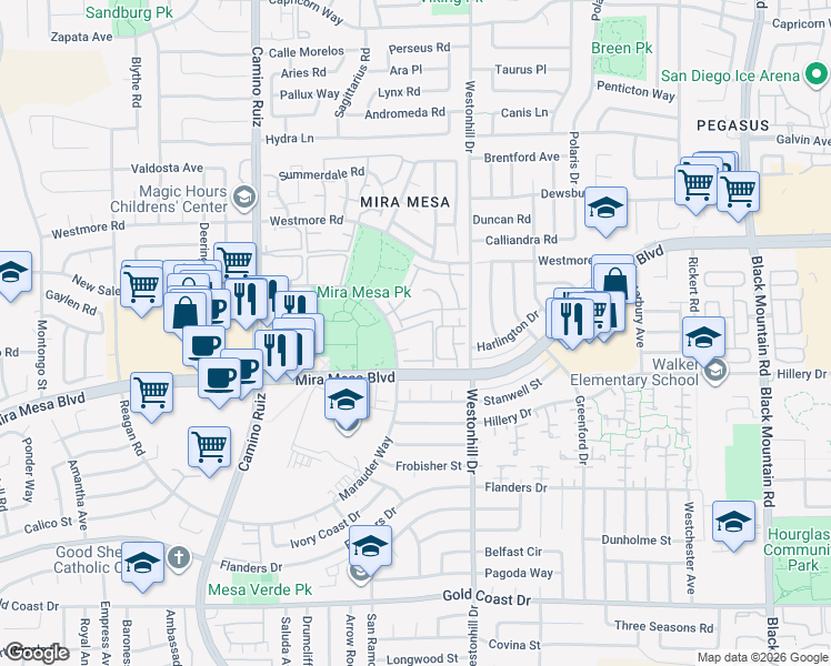 map of restaurants, bars, coffee shops, grocery stores, and more near 8580-36 New Salem Street in San Diego