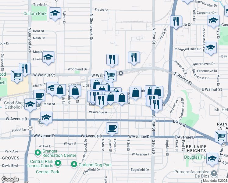 map of restaurants, bars, coffee shops, grocery stores, and more near 351 South Fifth Street in Garland