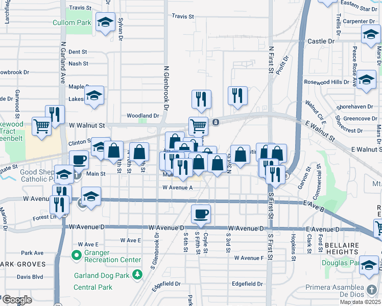 map of restaurants, bars, coffee shops, grocery stores, and more near in Garland