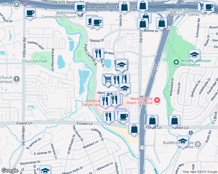 map of restaurants, bars, coffee shops, grocery stores, and more near 12201 Merit Drive in Dallas