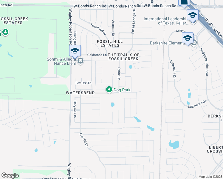 map of restaurants, bars, coffee shops, grocery stores, and more near 516 White Bud Lane in Fort Worth