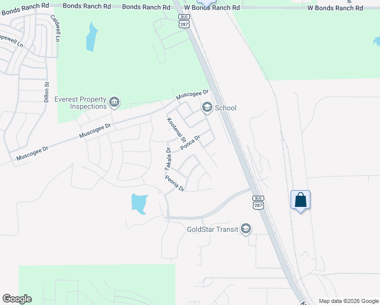 map of restaurants, bars, coffee shops, grocery stores, and more near 2501 Ponca Drive in Fort Worth