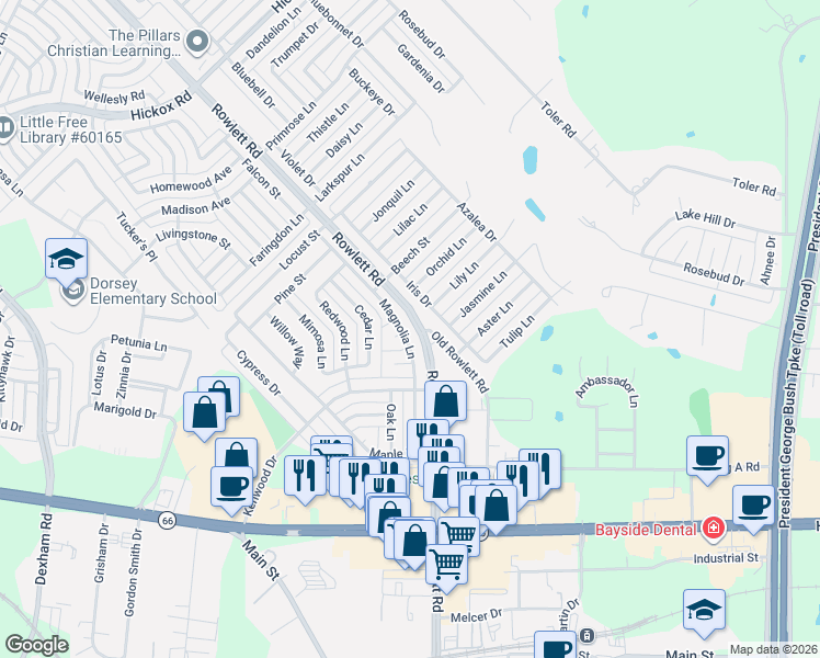 map of restaurants, bars, coffee shops, grocery stores, and more near 5905 Old Rowlett Road in Rowlett
