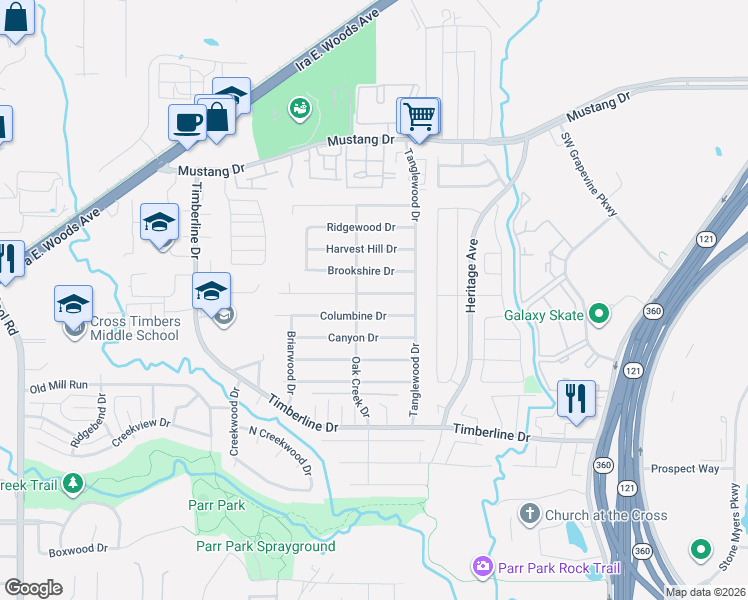 map of restaurants, bars, coffee shops, grocery stores, and more near 2840 Southridge Drive in Grapevine