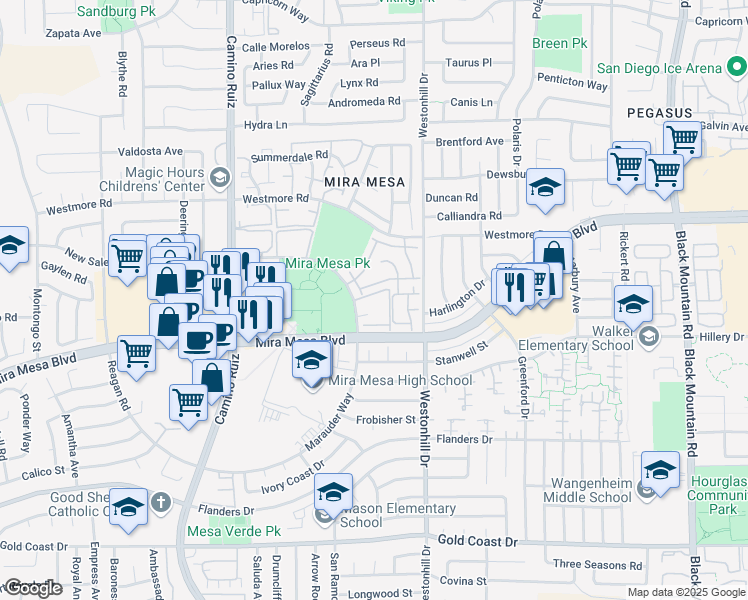 map of restaurants, bars, coffee shops, grocery stores, and more near 8580-36 New Salem Street in San Diego