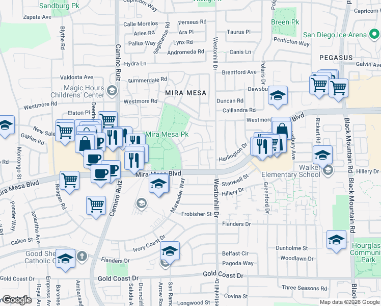 map of restaurants, bars, coffee shops, grocery stores, and more near 8580-36 New Salem Street in San Diego