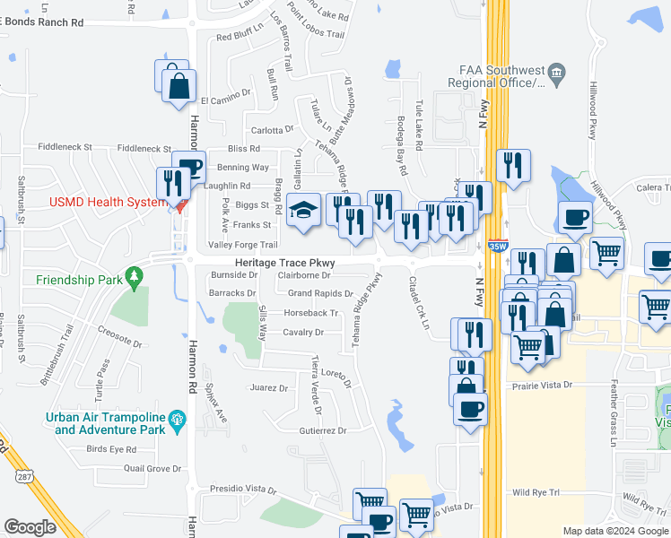 map of restaurants, bars, coffee shops, grocery stores, and more near 2401 Clairborne Drive in Fort Worth