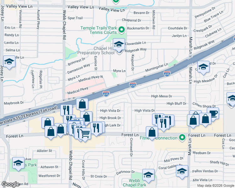 map of restaurants, bars, coffee shops, grocery stores, and more near 12147 High Meadow Drive in Dallas