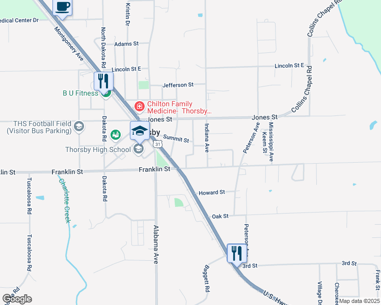 map of restaurants, bars, coffee shops, grocery stores, and more near 125 Church Street in Thorsby