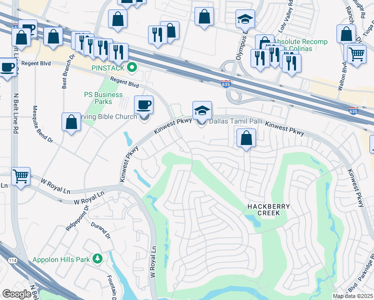 map of restaurants, bars, coffee shops, grocery stores, and more near 2517 Briarcrest Drive in Irving