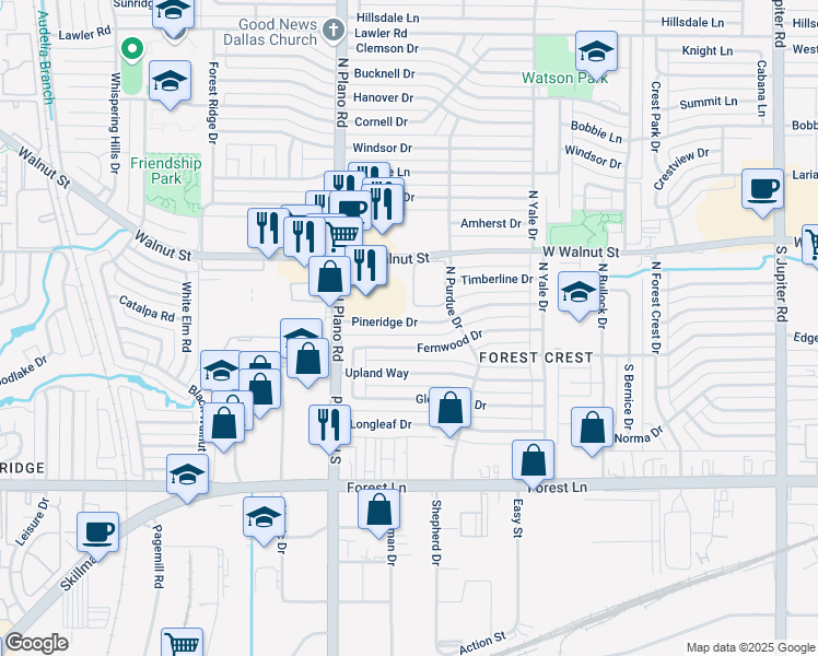map of restaurants, bars, coffee shops, grocery stores, and more near 4250 Pineridge Drive in Garland