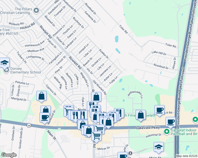map of restaurants, bars, coffee shops, grocery stores, and more near 3404 Jasmine Lane in Rowlett