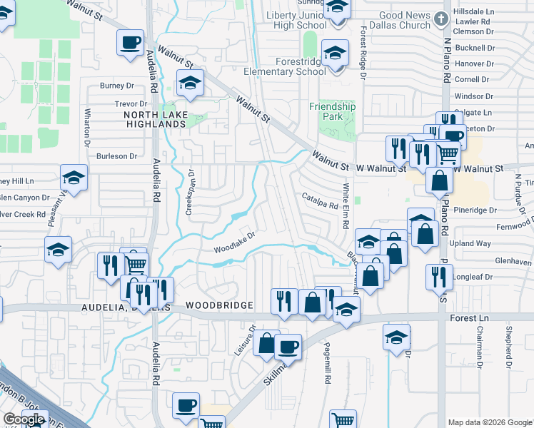 map of restaurants, bars, coffee shops, grocery stores, and more near 10207 Shadow Way in Dallas