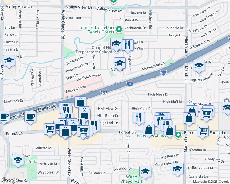 map of restaurants, bars, coffee shops, grocery stores, and more near 12147 High Meadow Drive in Dallas