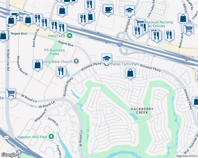 map of restaurants, bars, coffee shops, grocery stores, and more near 2517 Briarcrest Drive in Irving