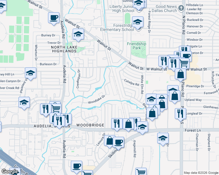 map of restaurants, bars, coffee shops, grocery stores, and more near 10207 Shadow Way in Dallas