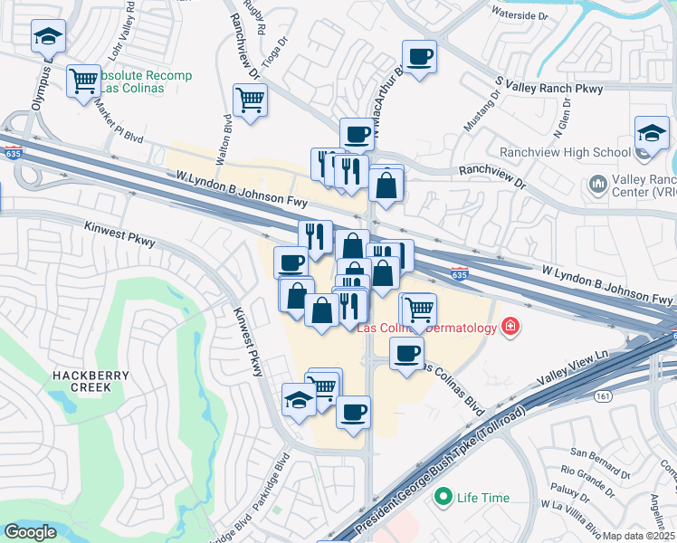 map of restaurants, bars, coffee shops, grocery stores, and more near 841 Macarthur Park in Irving