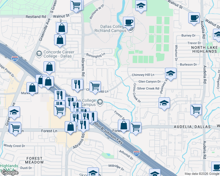 map of restaurants, bars, coffee shops, grocery stores, and more near 9655 Chimney Hill Lane in Dallas