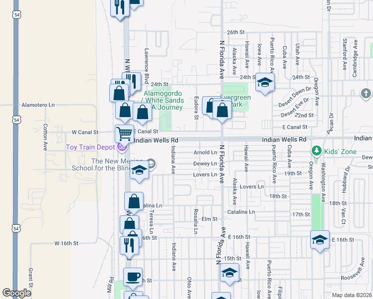 map of restaurants, bars, coffee shops, grocery stores, and more near 511 Arnold Lane in Alamogordo