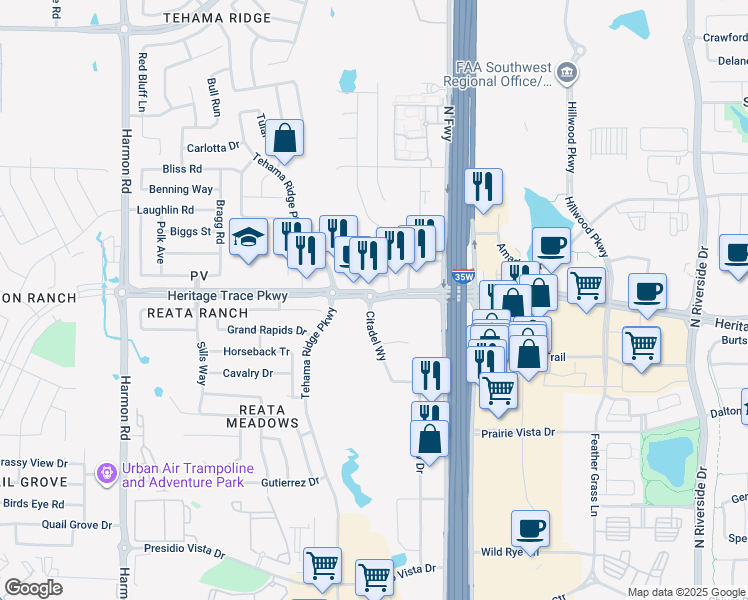 map of restaurants, bars, coffee shops, grocery stores, and more near Heritage Trace Parkway in Fort Worth