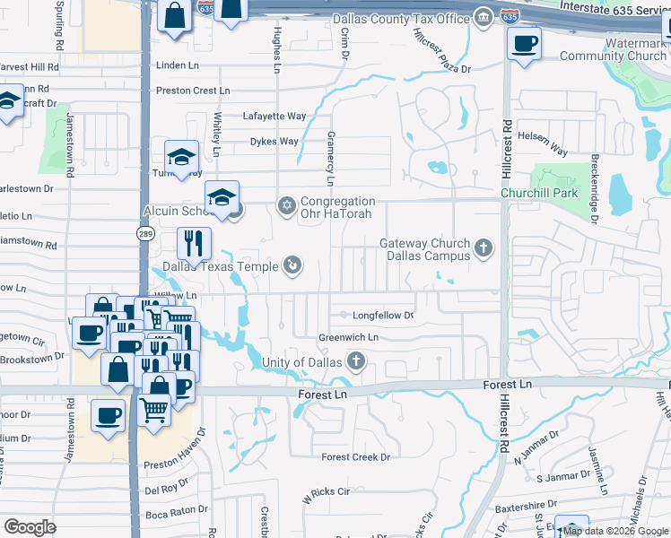 map of restaurants, bars, coffee shops, grocery stores, and more near 12124 Madeleine Circle in Dallas