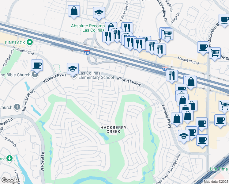 map of restaurants, bars, coffee shops, grocery stores, and more near 2103 Shumard Oak Lane in Irving