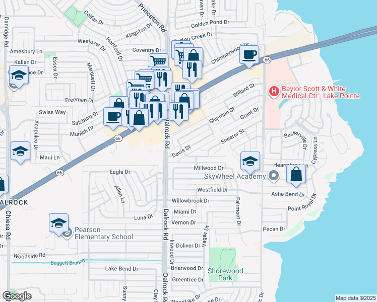 map of restaurants, bars, coffee shops, grocery stores, and more near 8814 Davis Street in Rowlett