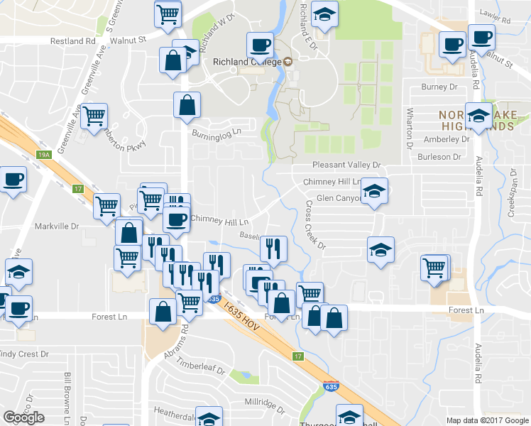 map of restaurants, bars, coffee shops, grocery stores, and more near 9808 Chimney Hill Lane in Dallas