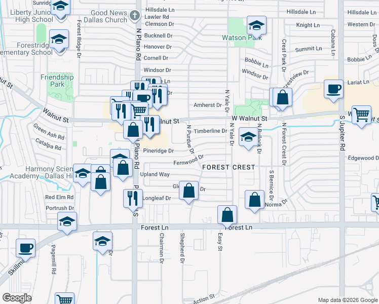 map of restaurants, bars, coffee shops, grocery stores, and more near 4202 Pineridge Drive in Garland
