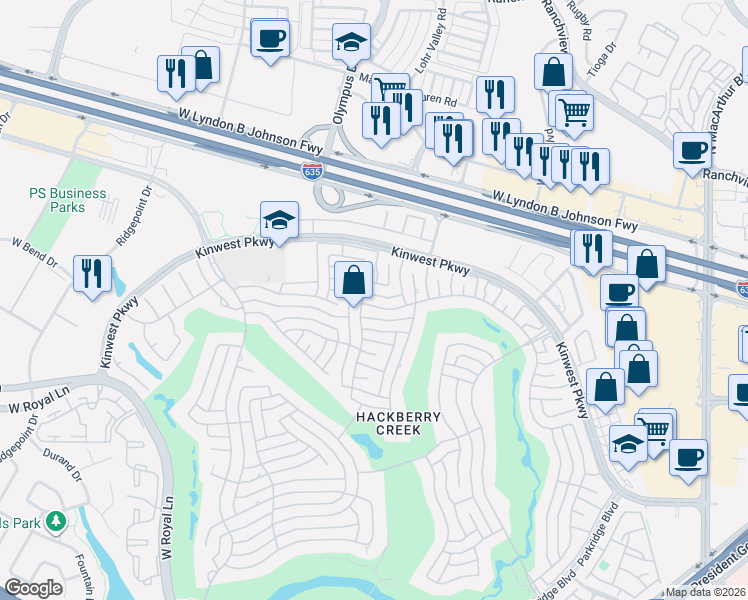 map of restaurants, bars, coffee shops, grocery stores, and more near 7701 Cedar Elm Drive in Irving
