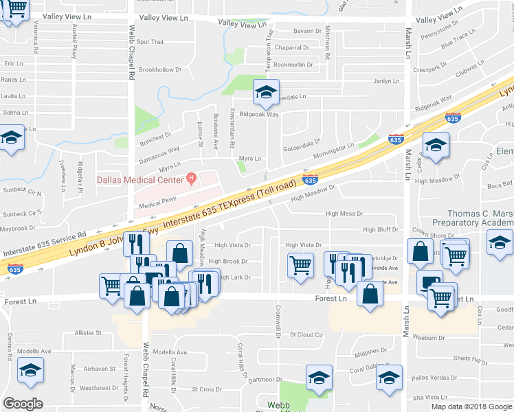 map of restaurants, bars, coffee shops, grocery stores, and more near 12147 High Meadow Drive in Dallas