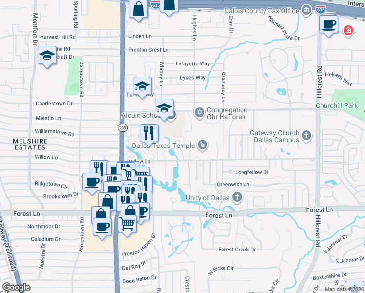 map of restaurants, bars, coffee shops, grocery stores, and more near 12119 Talmay Drive in Dallas