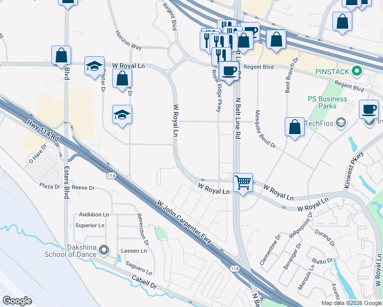 map of restaurants, bars, coffee shops, grocery stores, and more near 3625 West Royal Lane in Irving