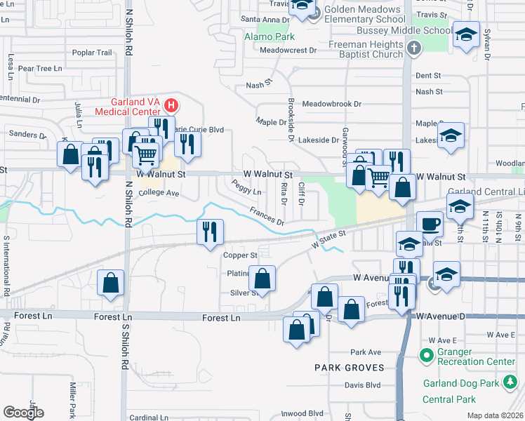 map of restaurants, bars, coffee shops, grocery stores, and more near 305 Stanton Drive in Garland